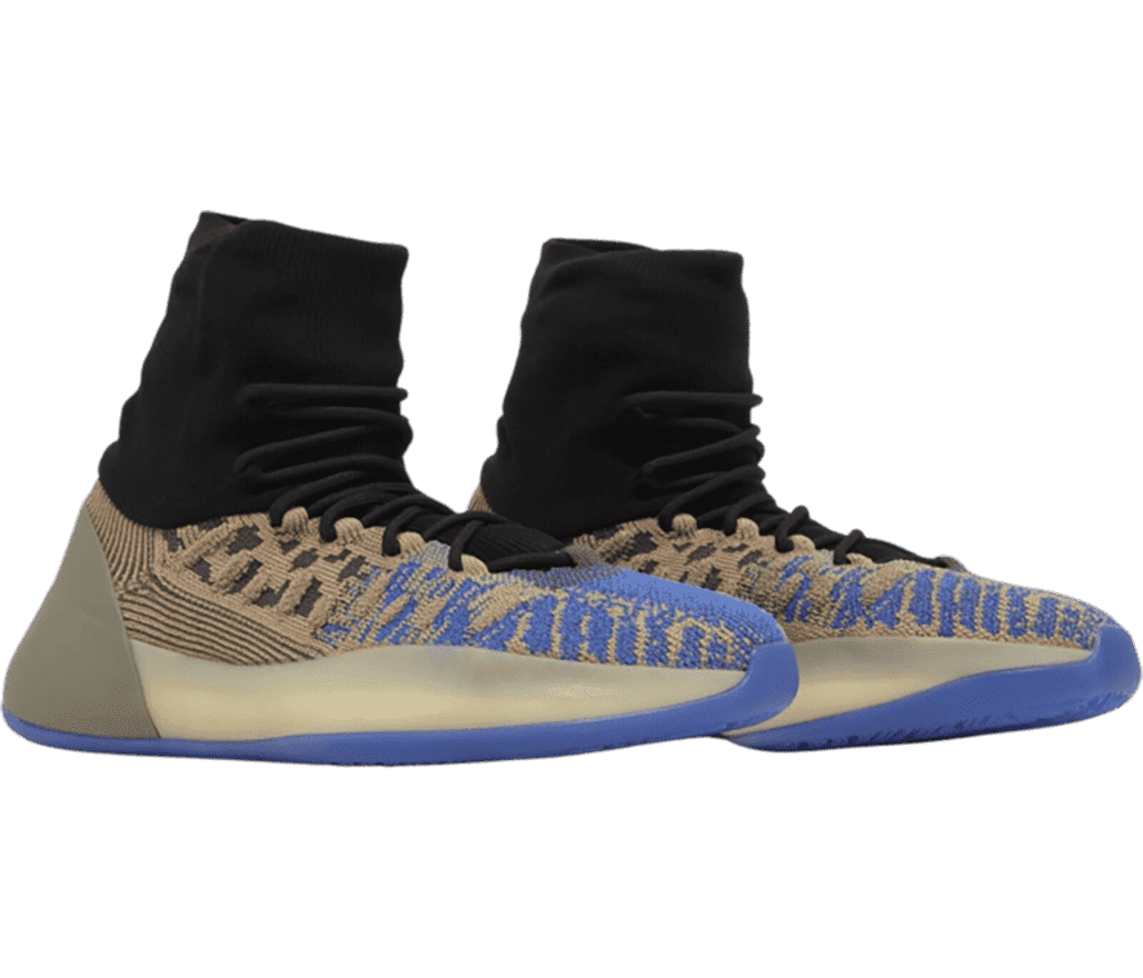 A pair of 'Basketball YEEZY' sneakers with a black
                      knit ankle collar and a blue and brown semi-translucent side.
