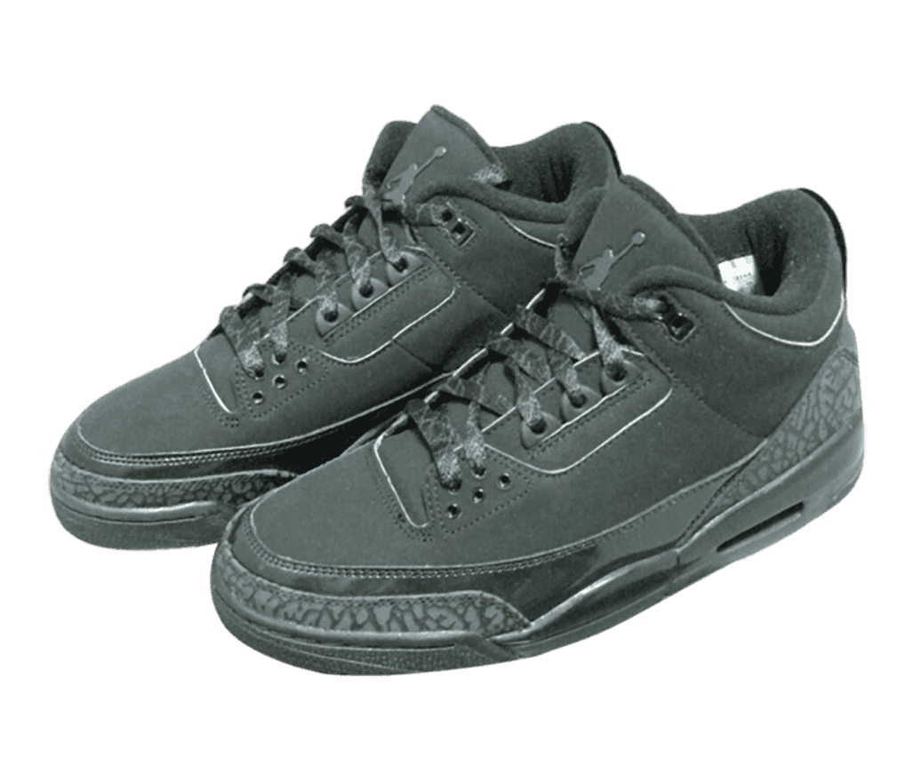 A suede pair of AJ3 sneakers in a dull dark green with patent leather overlays and elephant print tips, heels, and laces.