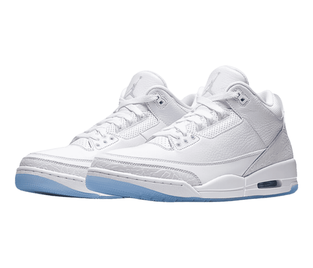 A white pair of AJ3 sneakers with blue semi-translucent outsoles and off-white elephant print tips and heels.