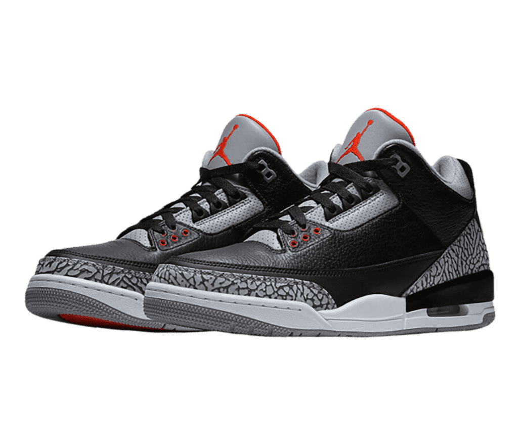 A black and gray pair of AJ3 sneakers with elphant print tips and heels and red detailing.