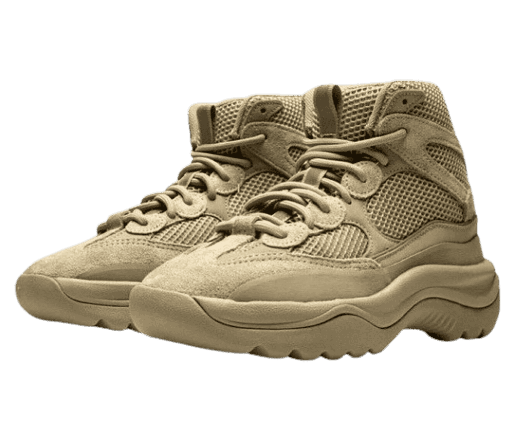A pair of 'YEEZY Boots' in a full beige color with
                      high-tops for the ankles and mesh on the semi-translucent side.
