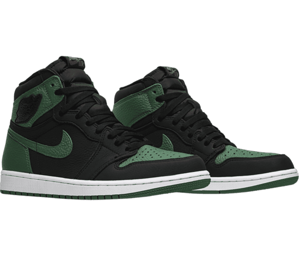 A pair of black AJ1 High sneakers in tumbled leather with green Swooshes, toeboxes, heels, and collar straps.