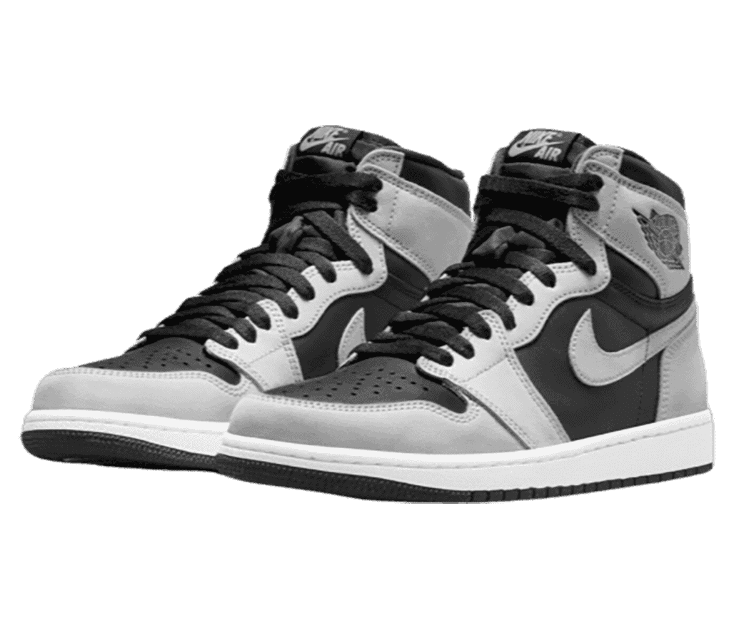 A pair of black AJ1 High sneakers with light gray overlays, white midsoles, and black laces.