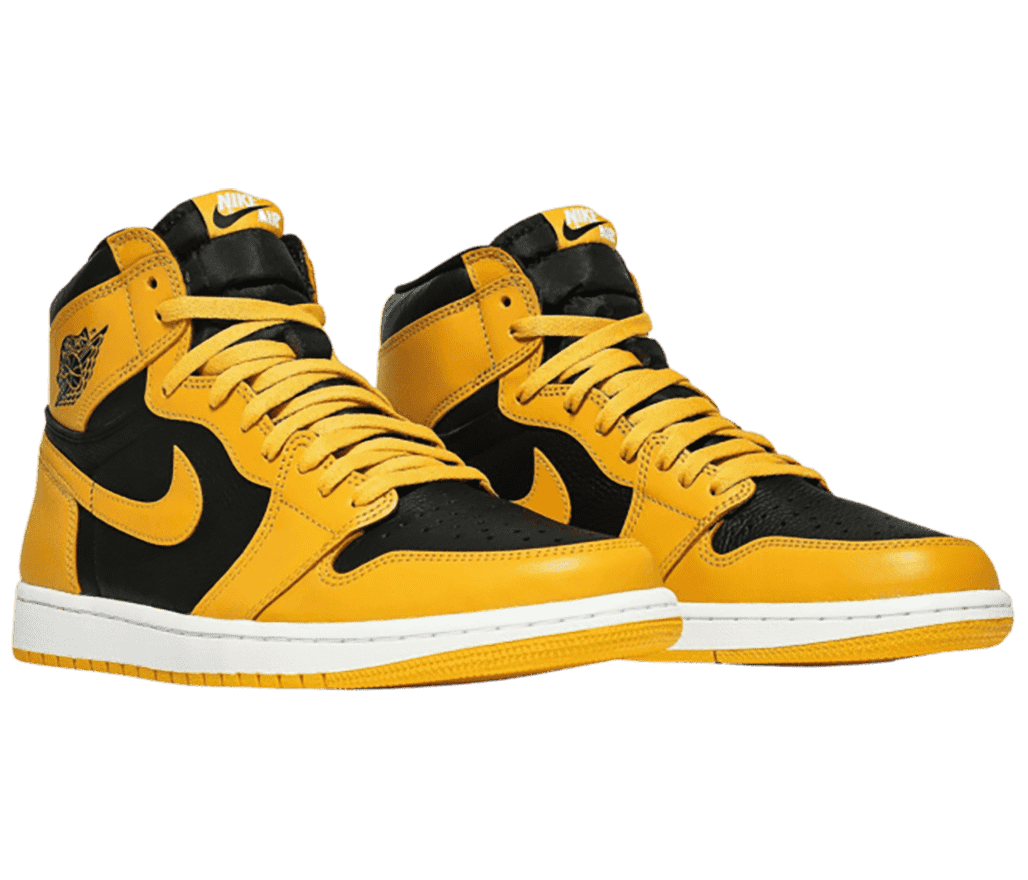 A pair of AJ1 High sneakers in black uppers with orange-yellow overlays and white midsoles.