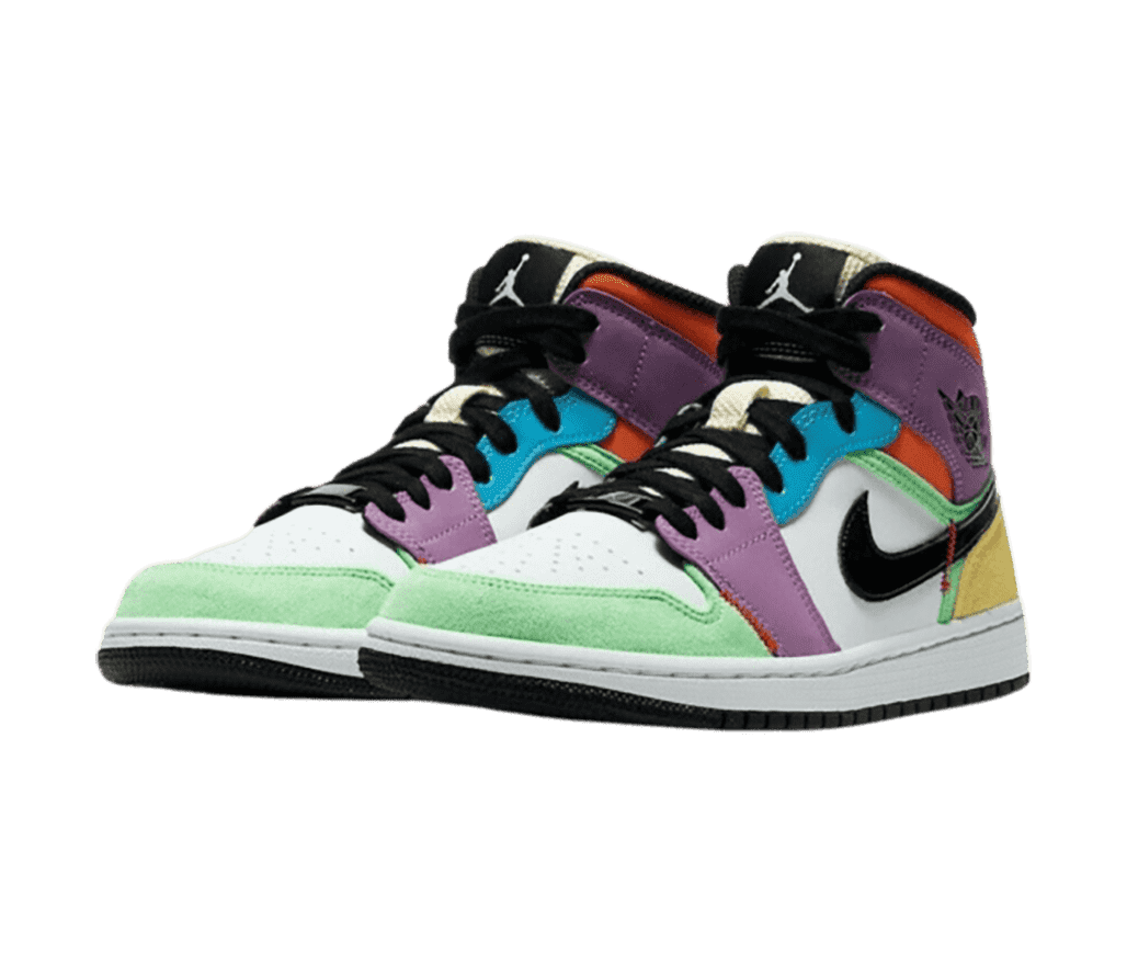 A pair of multicolored AJ1 Mid sneakers with mint, purple, blue, yellow, and orange overlays in leather and suede.
