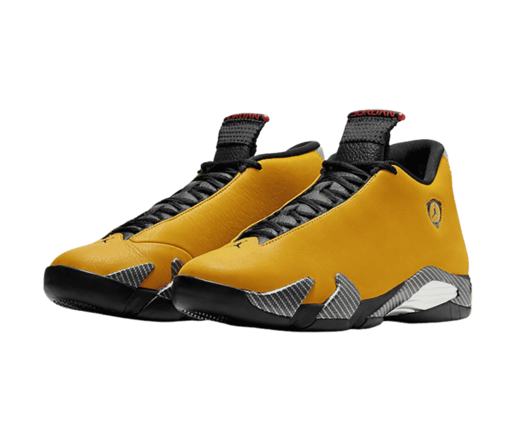 A pair of AJ14 “Ferrari” sneakers in gold yellow uppers, black soles with carbon fibre panels, and black laces and lining.