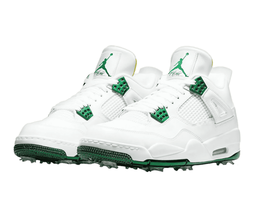 A pair of white suede AJ4 sneakers with green lace cages and outsoles and golf cleats.