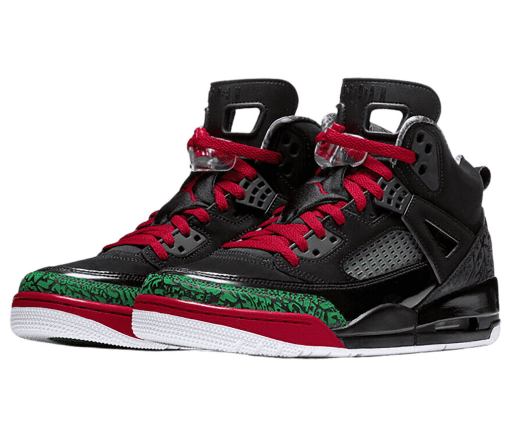 A black pair of AJ “Spizike” sneakers with red laces, green elephant print tips, white midsoles, and clear lace locks.