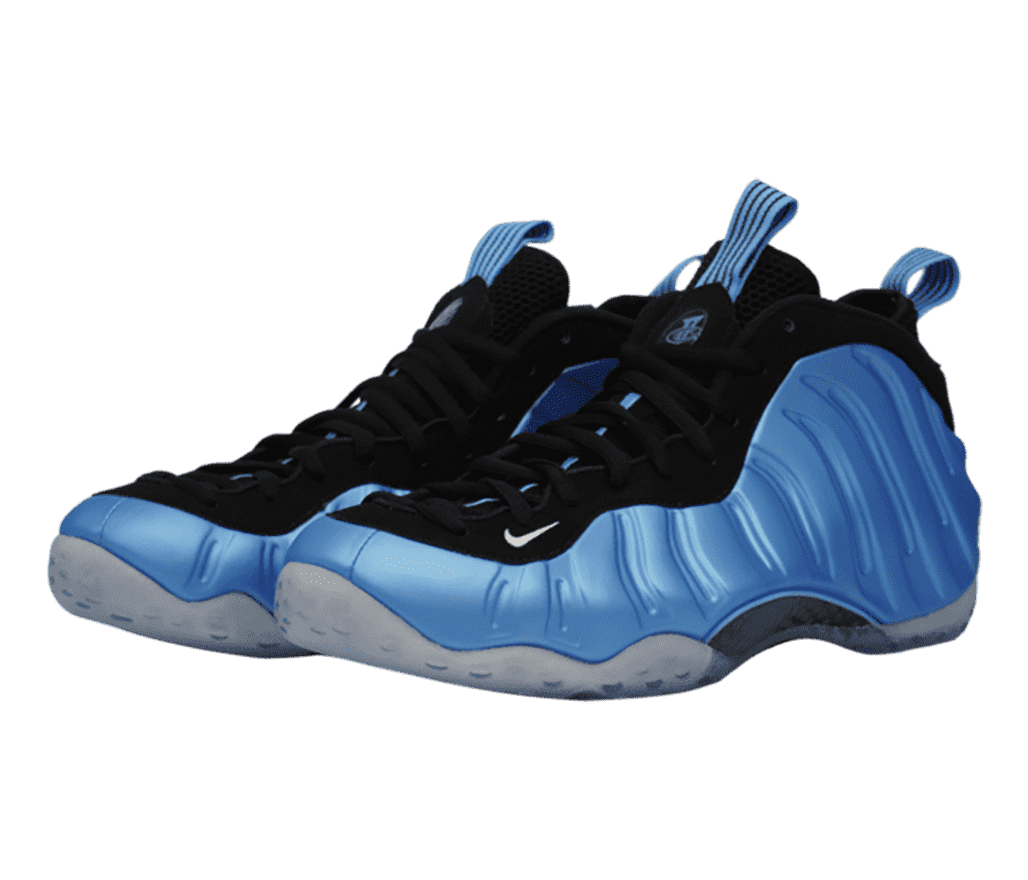 A pair of Nike Foamposite sneakers in black with blue plastic overlays and tongue and heel straps.