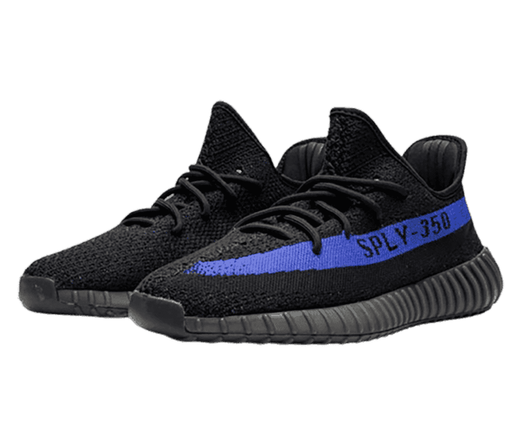 A pair of YEEZY on sale sneakers in black with a
                      black booster sole, and a blue side stripe with 'SPLY-350' printed on it.