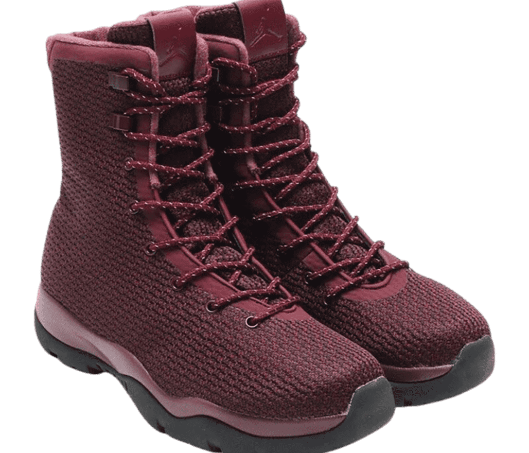 A pair of Jordan Future “Night Maroon” boots in dark maroon woven uppers, matching lace locks , and black outsoles.