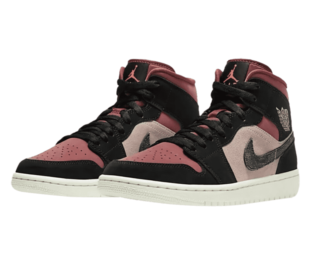 A suede pair of AJ1 Mid sneakers in dark pink with tan and black overlays.