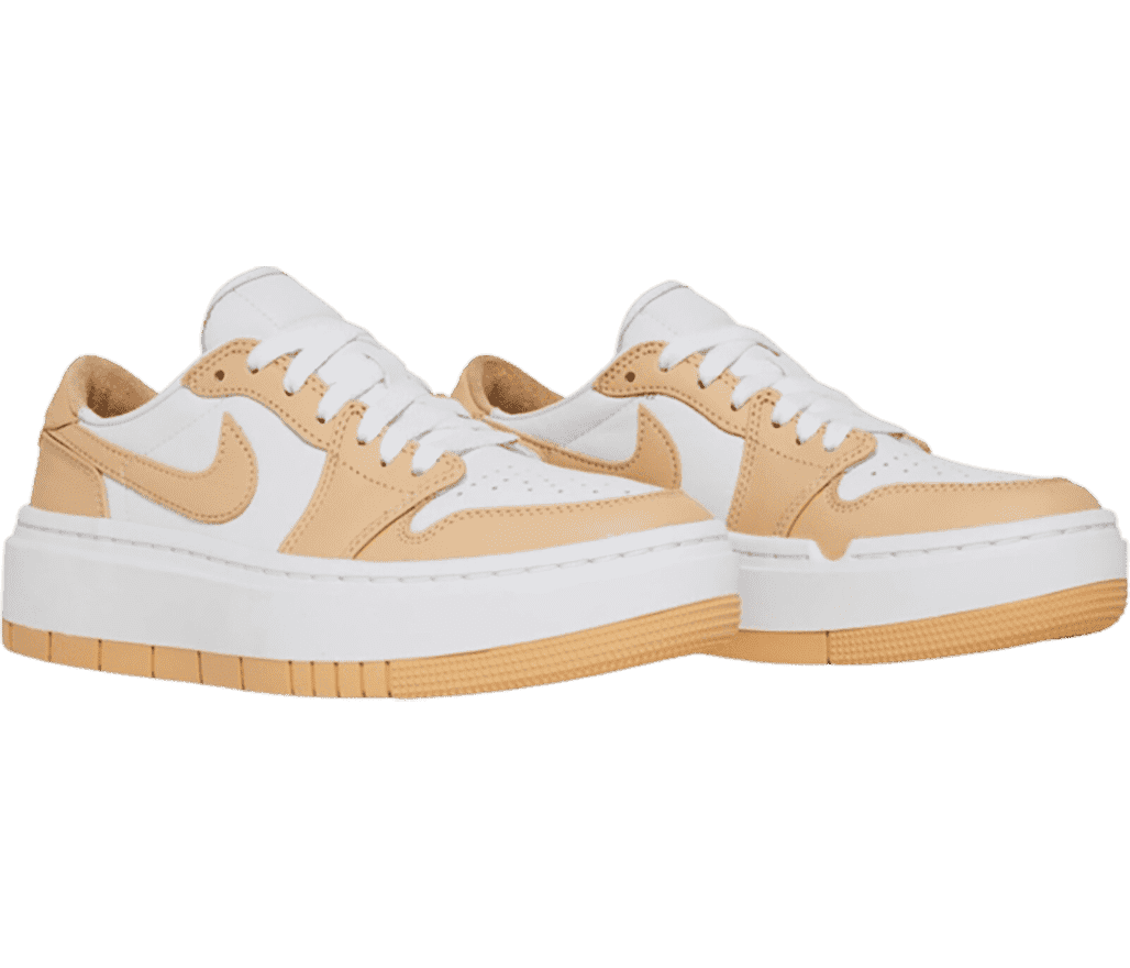 A pair of AJ1 Elevate Low “White Onyx” sneakers in white and beige with white platform soles and tan fleece lining.