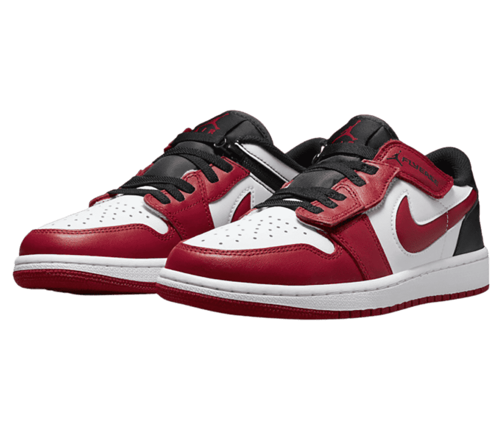 A pair of red and white AJ1 Low “Flyease” sneakers with black laces and dark gray heels and collars.