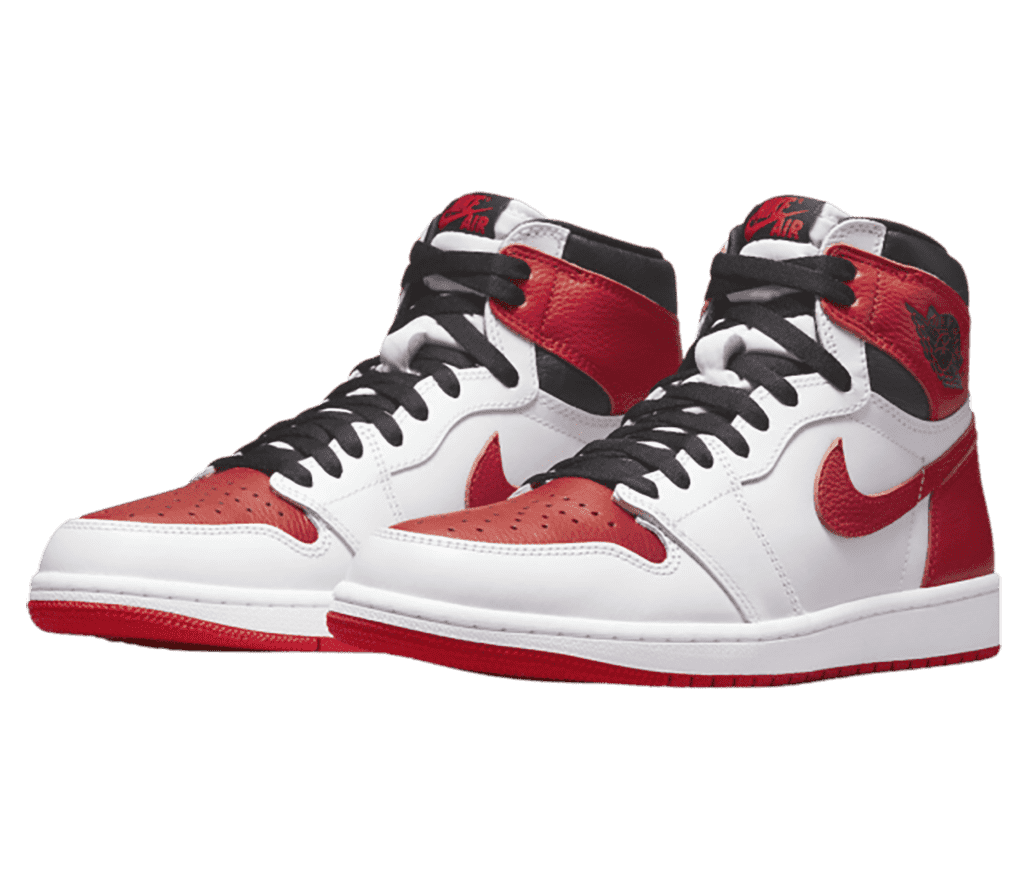 A white pair of AJ1 High sneakers with red toeboxes, outsoles, collar straps, and Swooshes, and black laces.