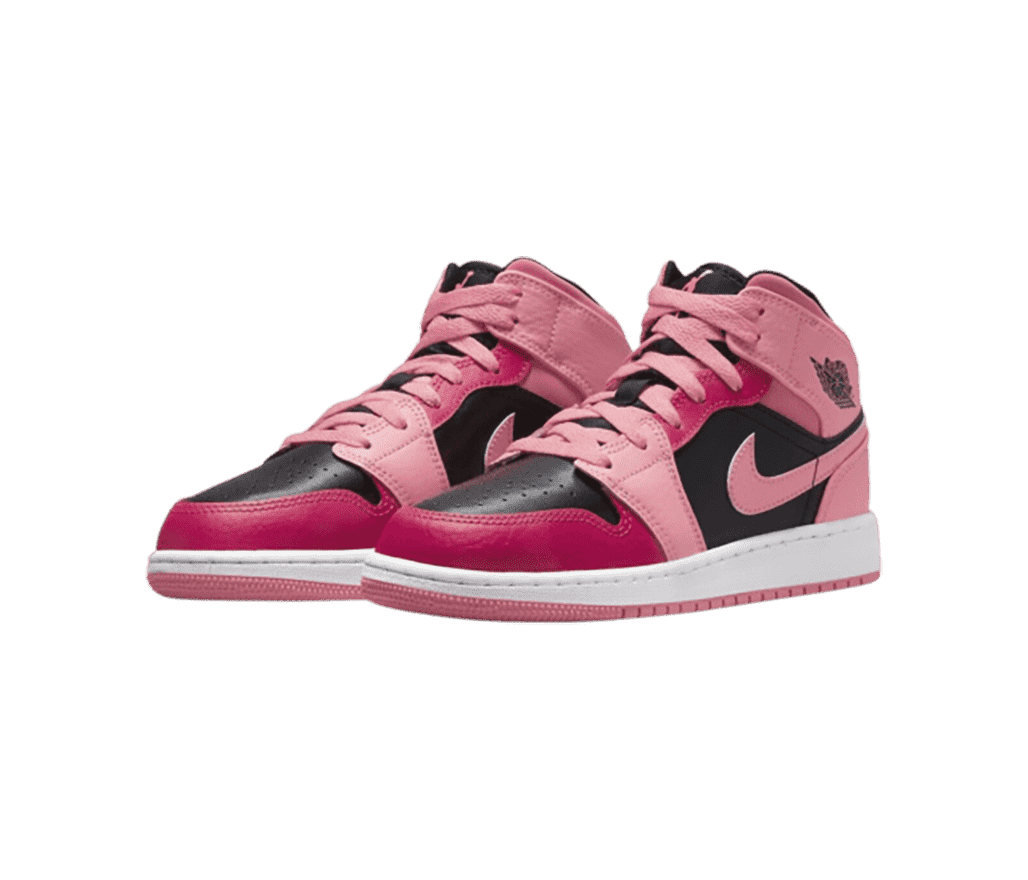 A charcoal pair of AJ1 Mid sneakers with pink overlays and Swooshes and hot pink tips.