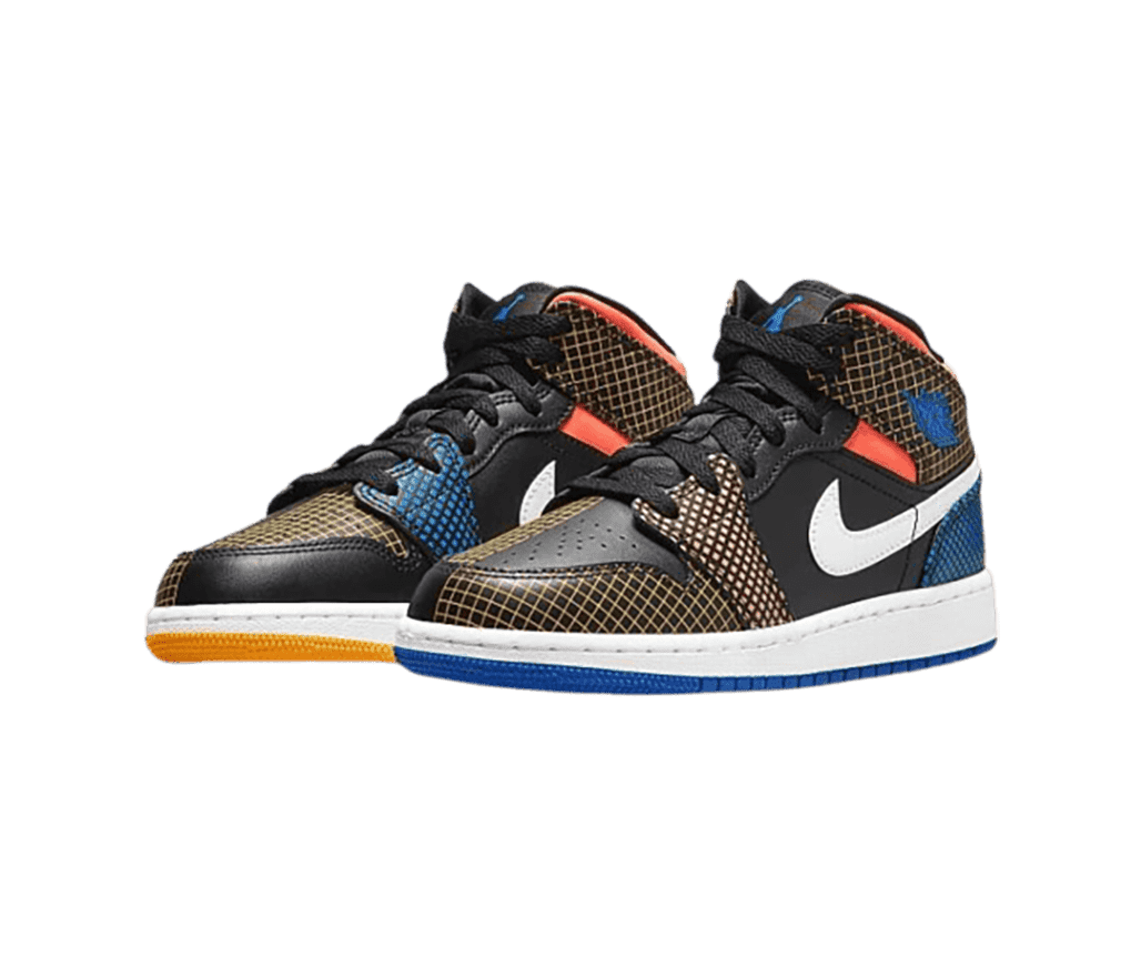 A pair of multicolored AJ1 Mid sneakers with plaid and polka-dotted overlays in yellow, red, and blue.