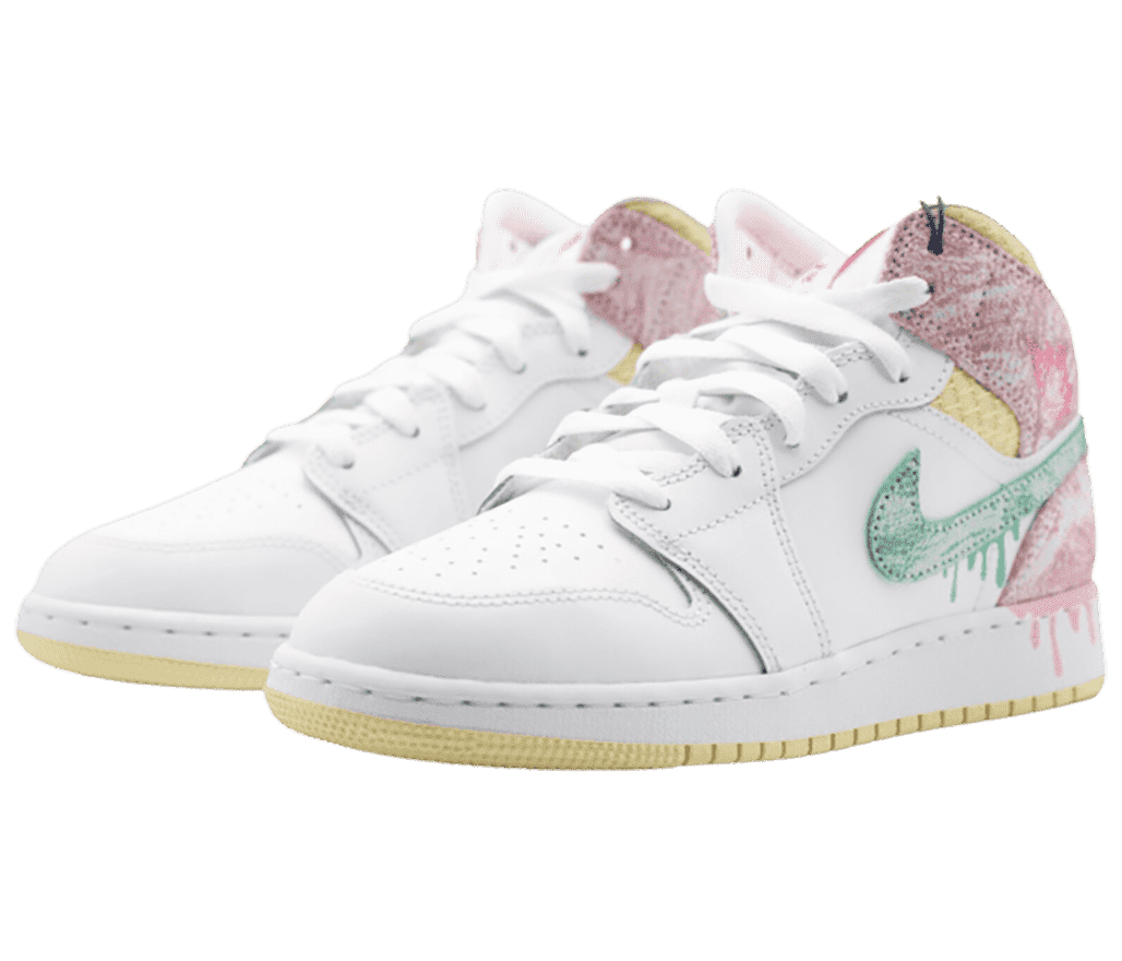A white pair of AJ1 Mid “Paint Drip” sneakers with green Swooshes and pink heels that have paint drip graphics underneath.