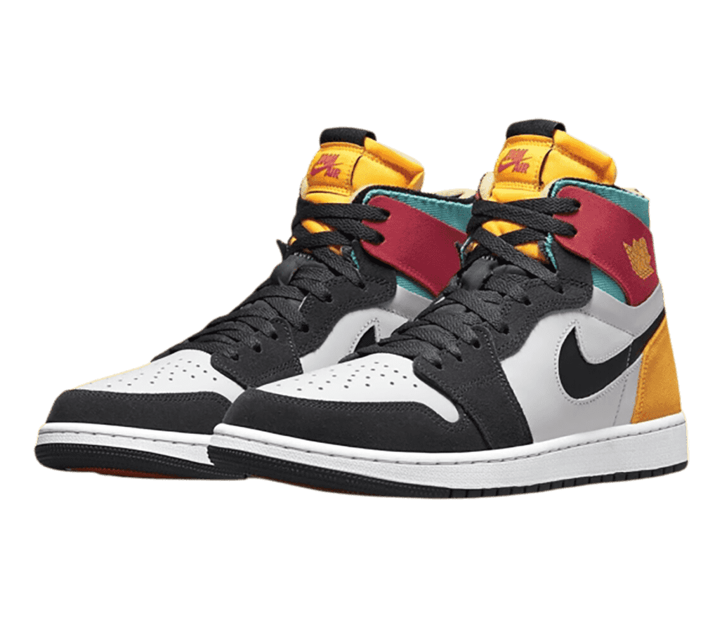 A black and white suede pair of AJ1 High sneakers with green collars, red collar straps, and yellow tongues.