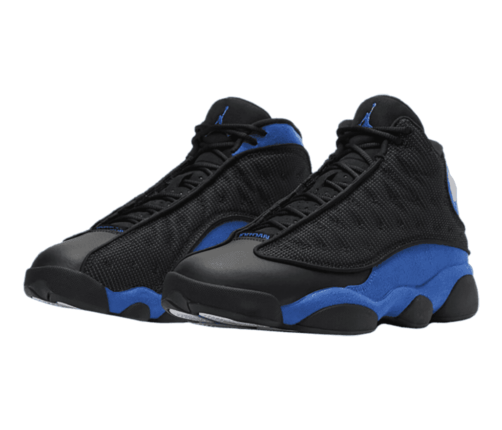 A black pair of AJ13 sneakers withblue suede quarters and collars.