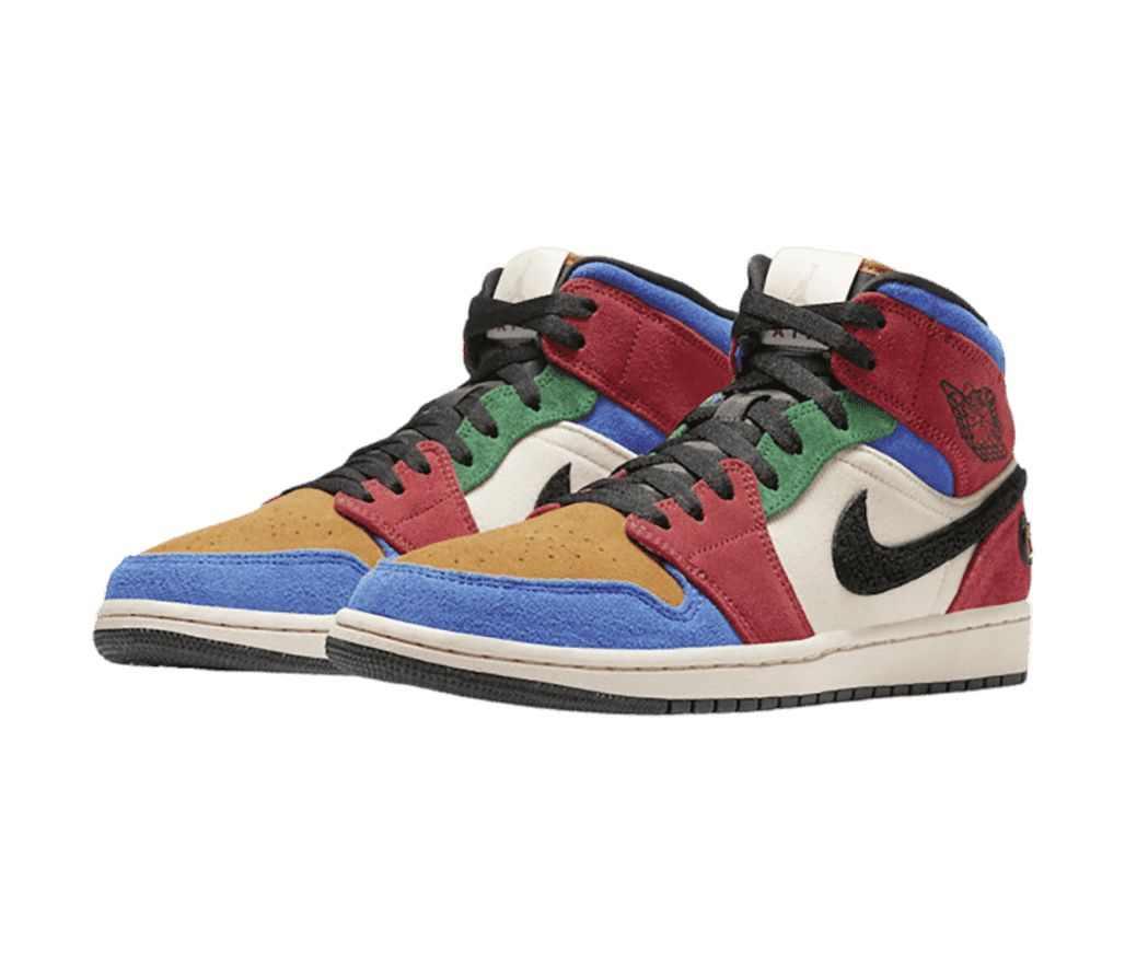 A multicolored suede pair of AJ1 Mid sneakers in sand, red, blue, green, and white with black Swooshes, laces, and outsoles.