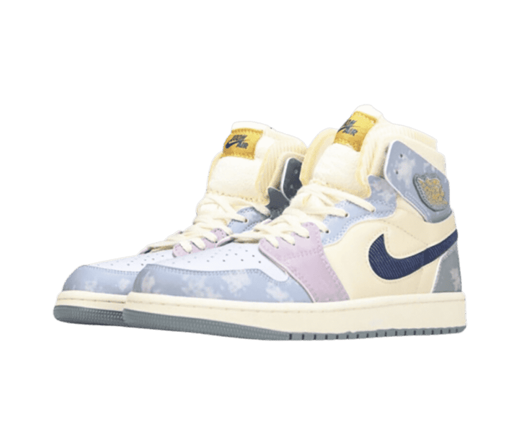 An off-white pair of AJ1 High “Celestine” sneakers with light purple accents and sky blue overlays with cloud graphics.