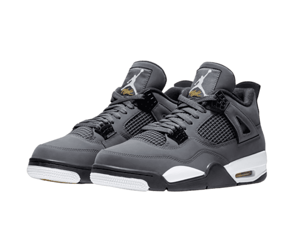 A dark gray suede pair of AJ4 sneakers with black lace cages and white midsoles.