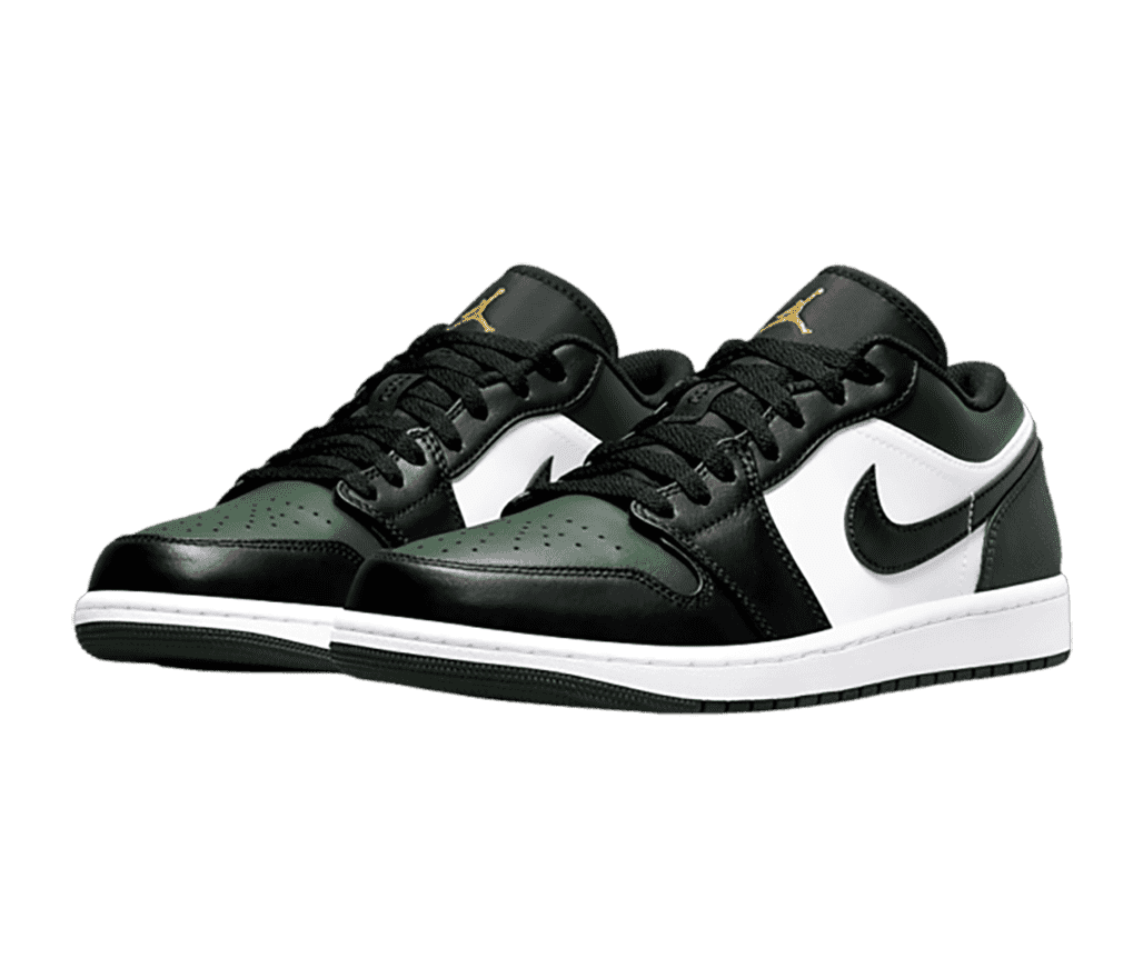A pair of AJ1 Low sneakers with olive toeboxes and collars, black Swooshes, tips, and laces, and white quarters.