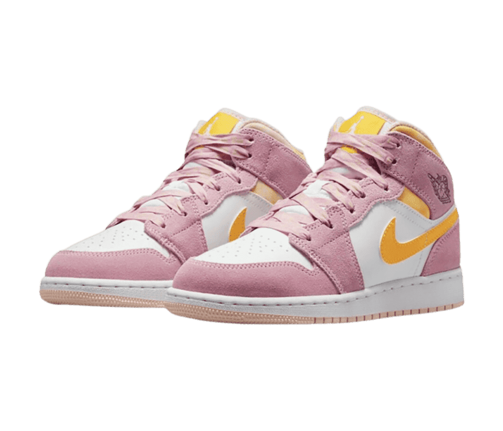 A white pair of AJ1 Mid sneakers with pink suede overlays and golden yellow collars and Swooshes.