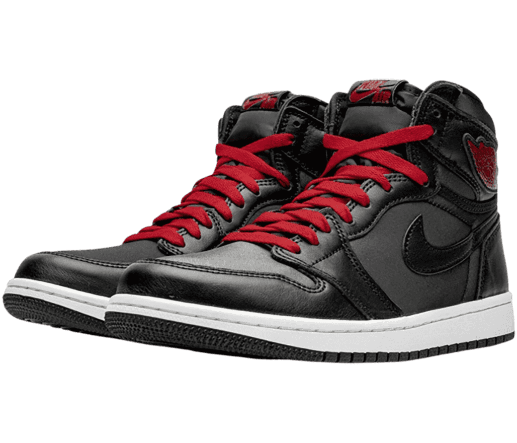 A black and gray pair of AJ1 High sneakers with white midsoles and red laces and logos.
