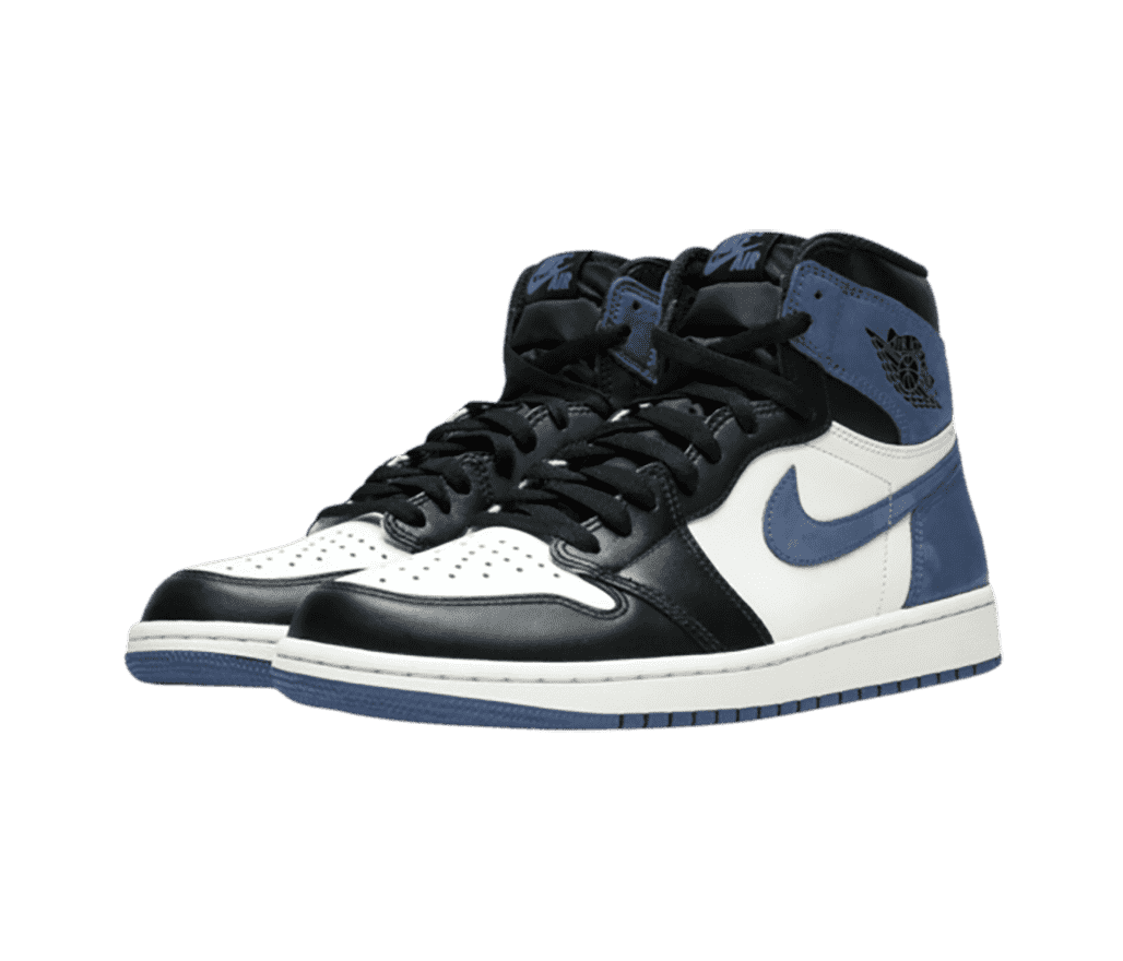 A pair of AJ1 High “Blue Moon” sneakers in white and black with blue suede Swooshes, heels, and collar straps.