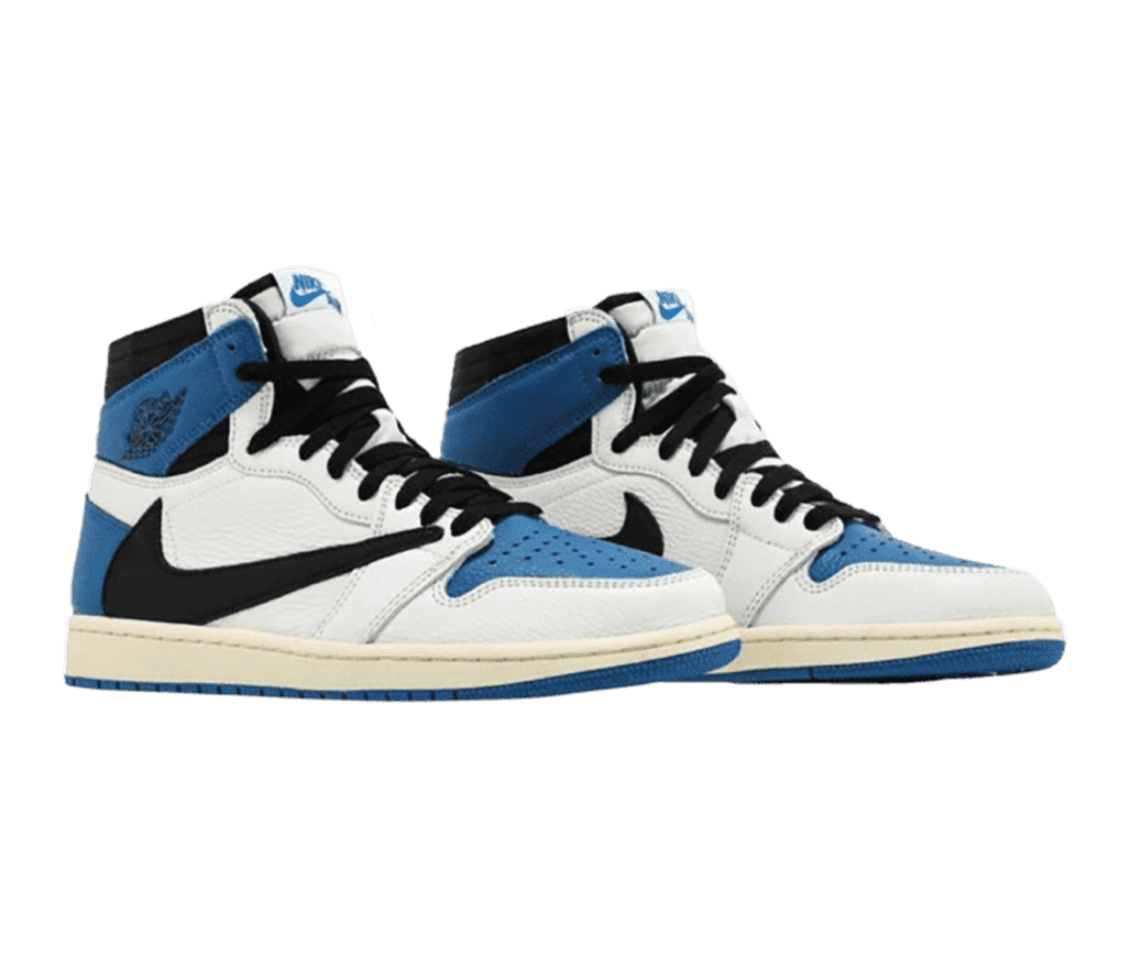 A white and blue pair of AJ1 High sneakers with black laces, collars, and reversed Swooshes on the lateral sides.
