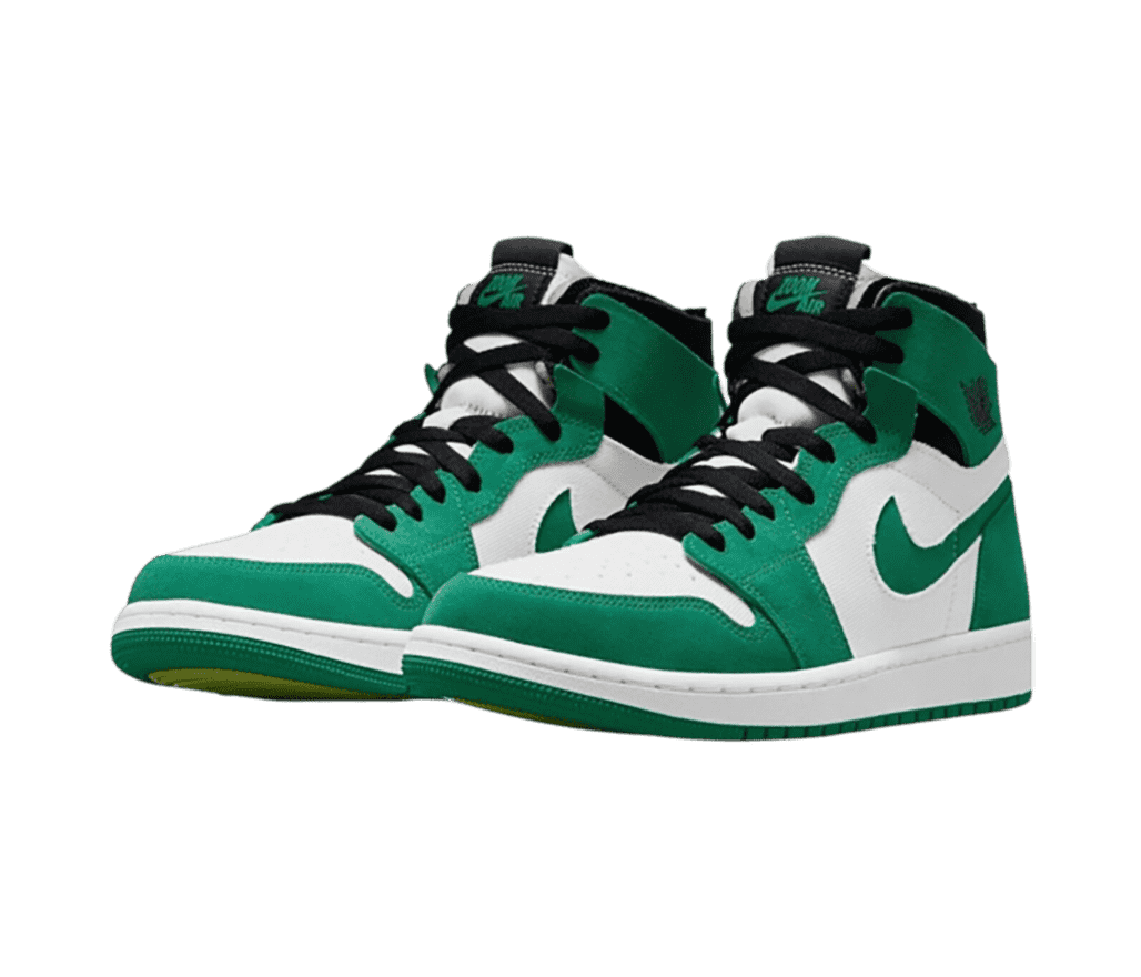 A pair of suede AJ1 High sneakers in green and white with black laces and collars.