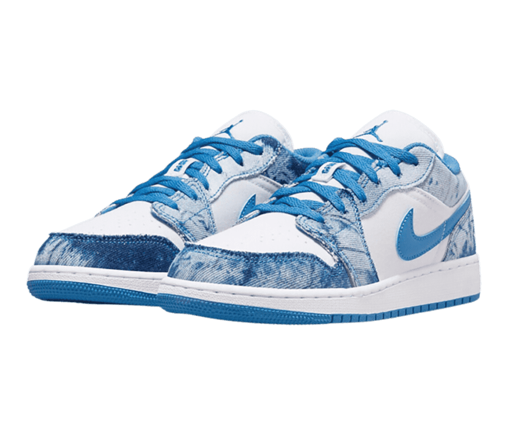 A pair of AJ1 Low “Washed Denim” sneakers in white with blue washed-out denim overlays, laces, and Swooshes.
