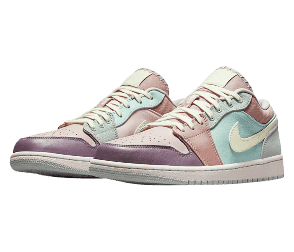 A multicolored pair of AJ1 Low “Easter Pastel” sneakers in pink, teal, purple, and gray pastels.