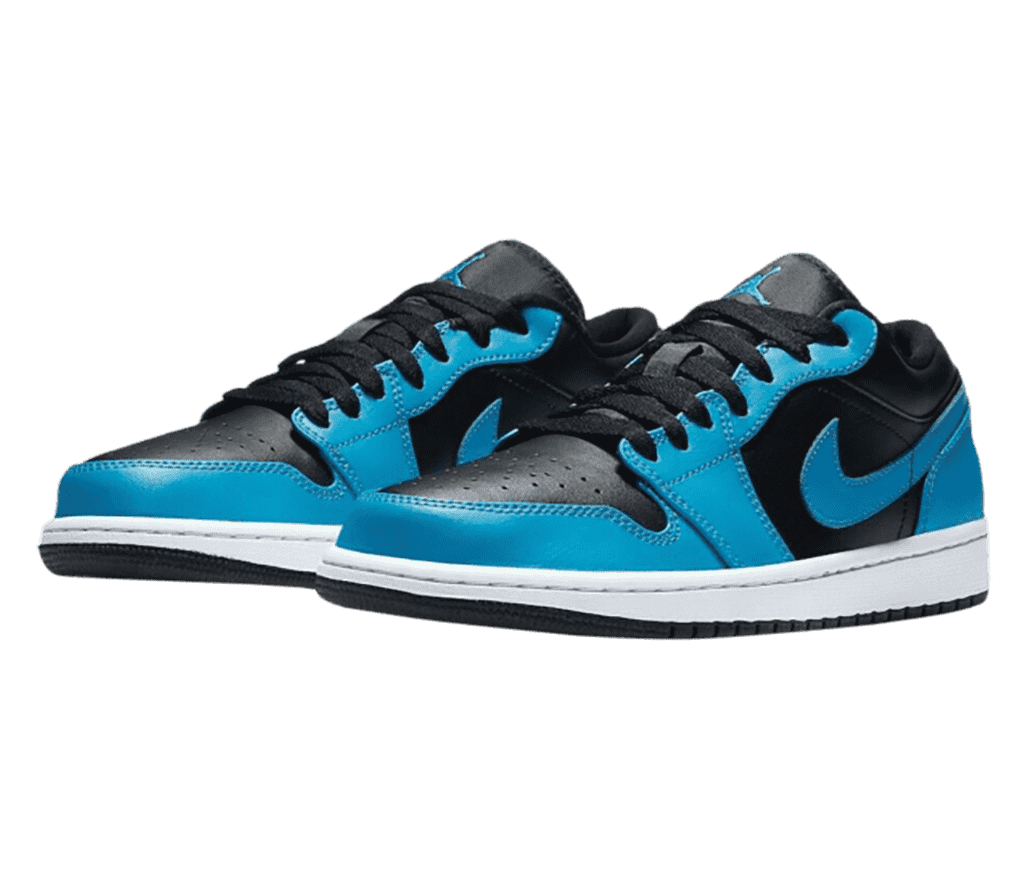 A black pair of AJ1 Low sneakers with vibrant blue overlays and white midsoles.