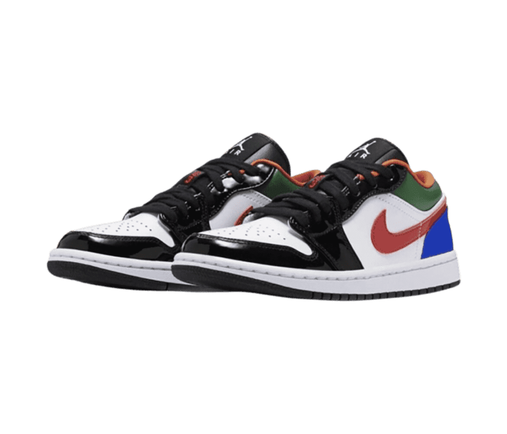 A pair of AJ1 Low sneakers with black patent leather tips and vamps, olive collars, blue heels, and red Swooshes.