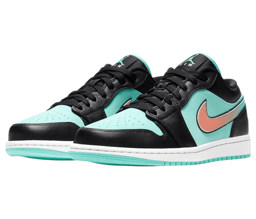 A pair of AJ1 Low sneakers in black and teal with white midsoles and an orange gradient on the Swooshes.