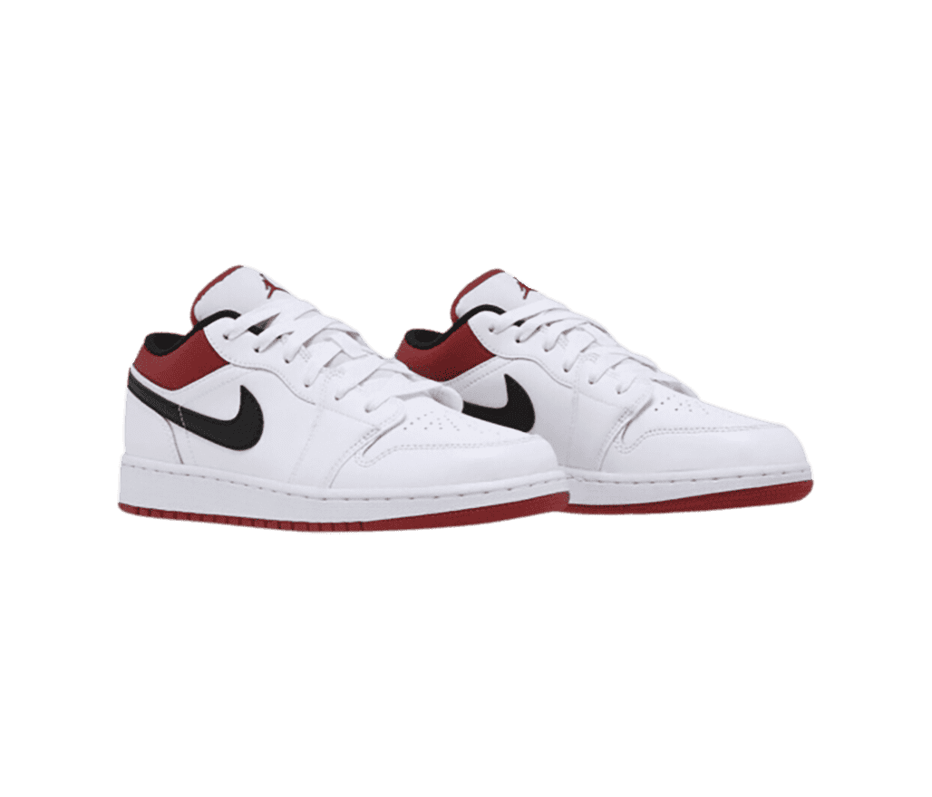 A white pair of AJ1 Low sneakers with red collars and outsoles and black Swooshes.