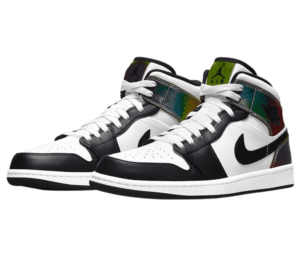 A pair of AJ1 Heat Reactive sneakers in white and black with a dark rainbow spectrum reflecting off of the collar straps.