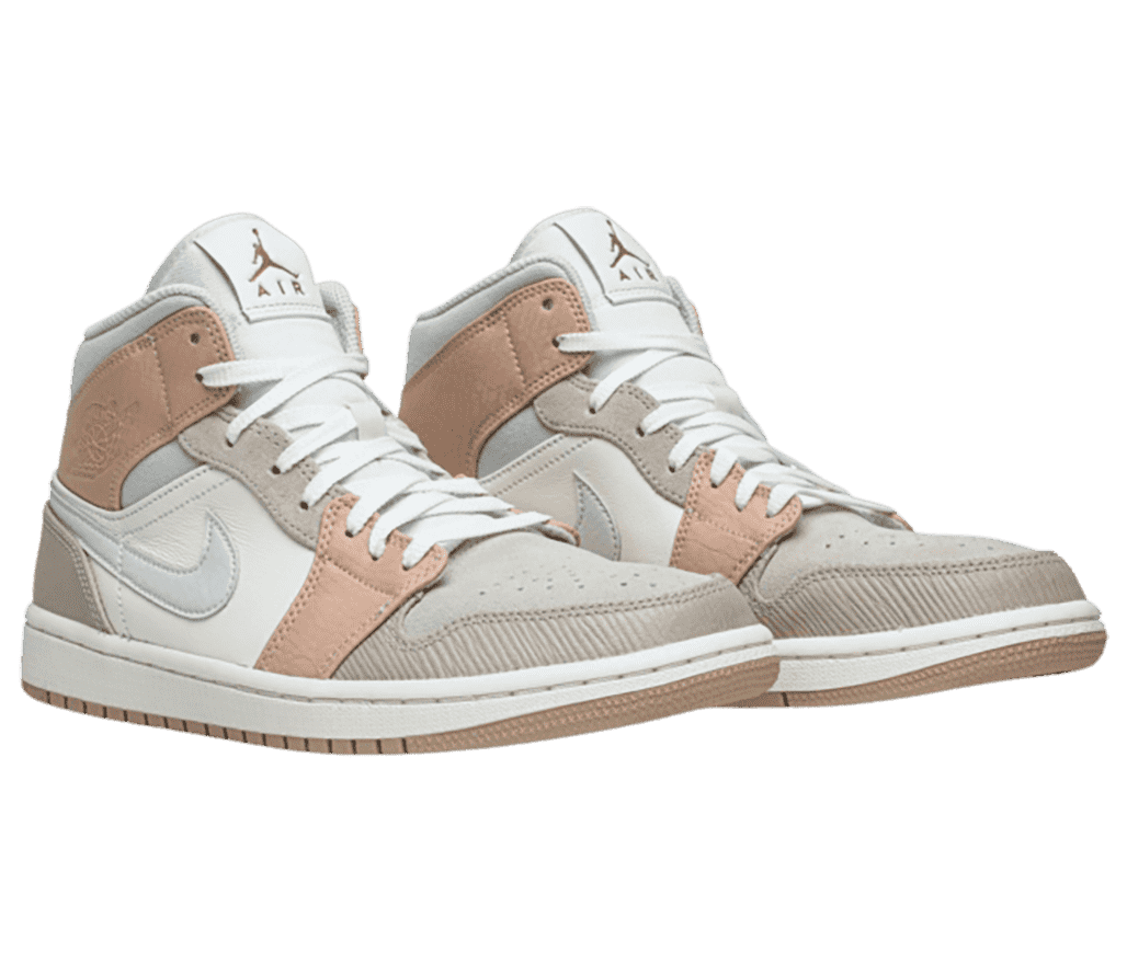 A pair of AJ1 Mid “Milan” sneakers in gray, white, salmon, and beige tumbled leather and suede materials.
