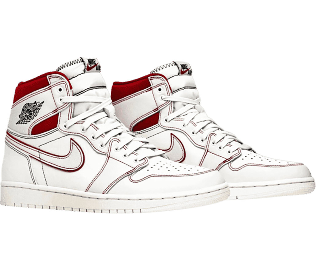 A white pair of AJ1 High sneakers withblack and red outlined overlays and red collars.