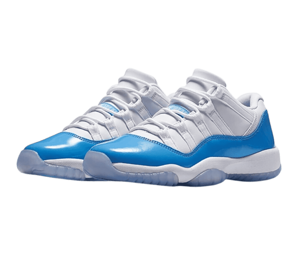 A white pair of AJ11 sneakers with blue patent leather mudguards and translucent outsoles.