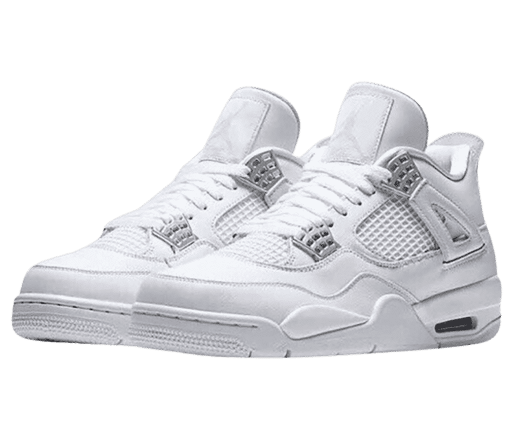 An all-white pair of AJ4 sneakers in suede with chrome lace cages.