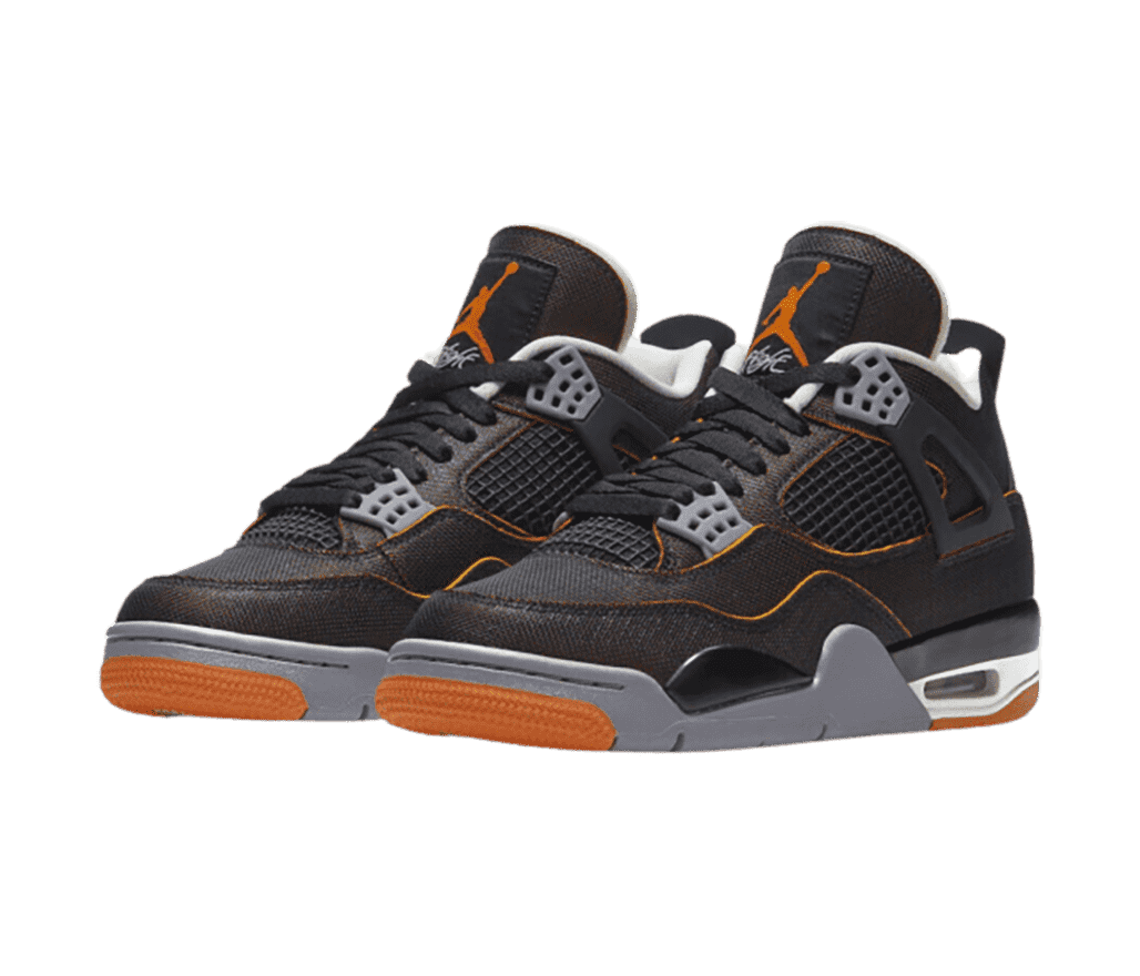 A black pair of AJ4 sneakers with an orange hue in canvas uppers with gray lace cages, outsoles, and orange sole tips. 