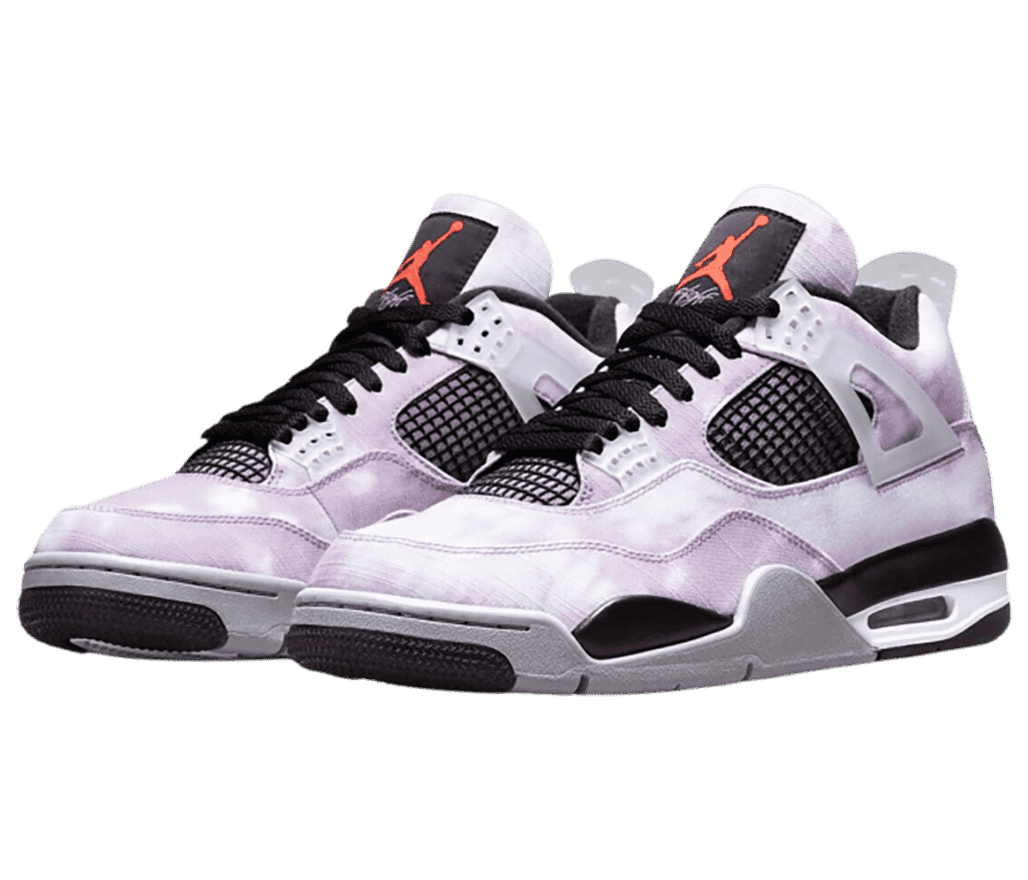 A pair of AJ4 sneakers with cloudy white and light purple graphics on the uppers and black detailing.
