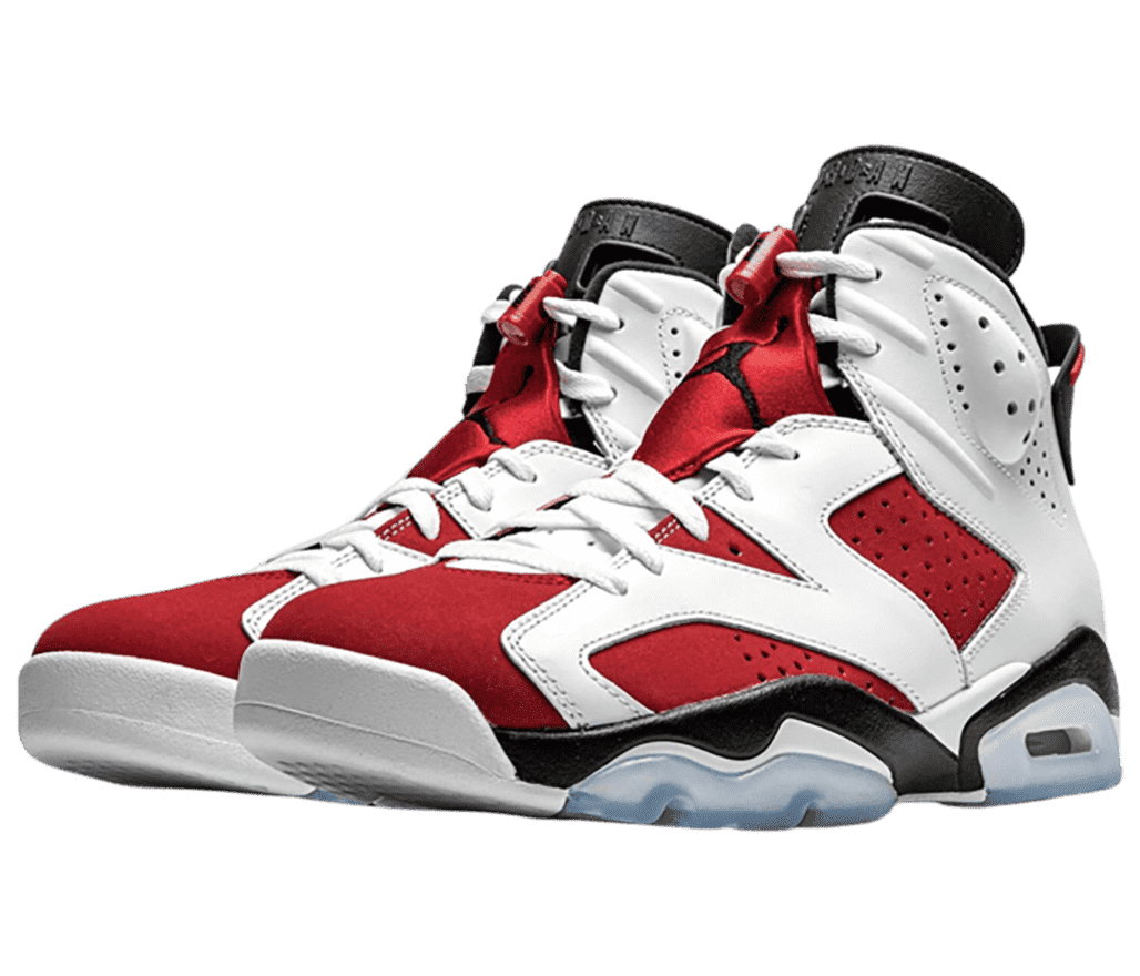 A pair of AJ6 “Carmine” sneakers in red suede uppers with white overlays, black tongues, and red lacelocks.
