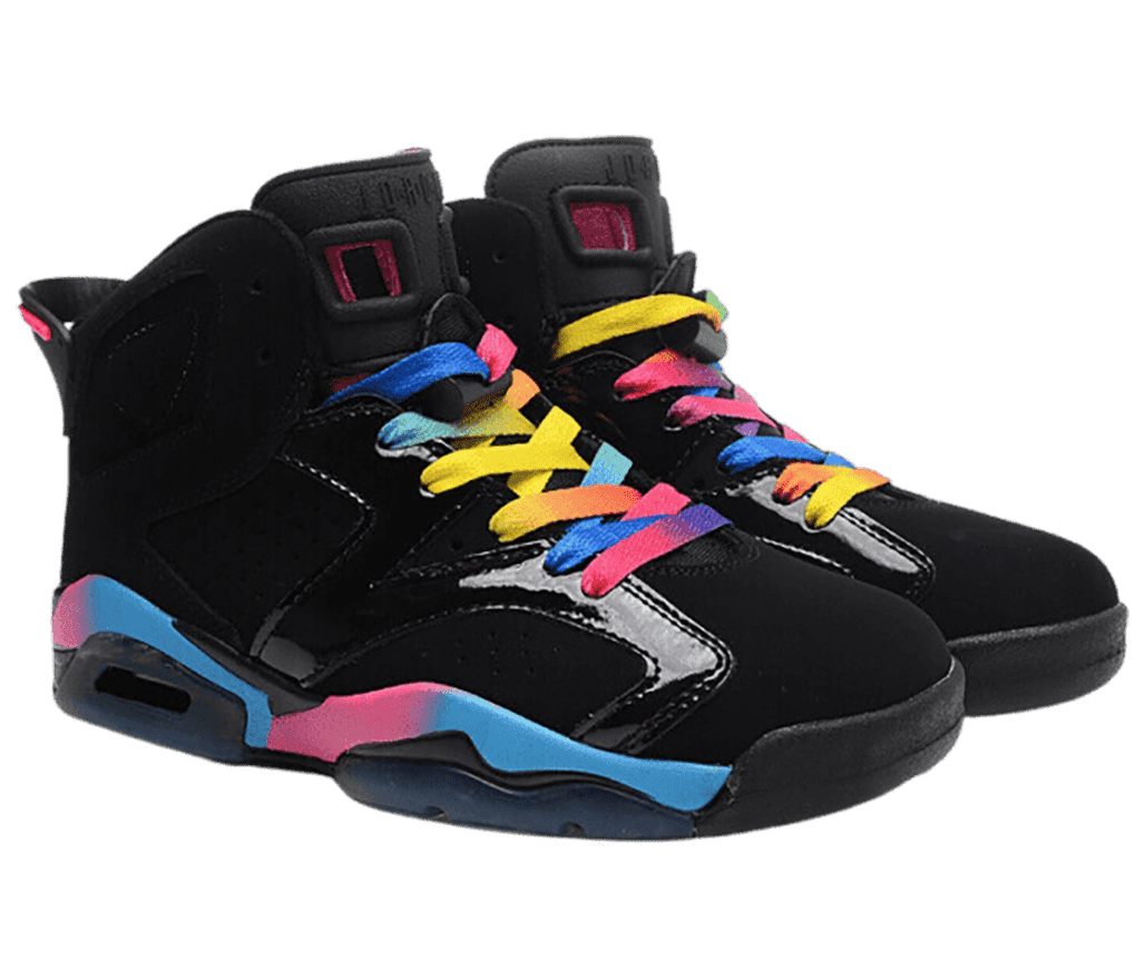A black pair of AJ6 “Black Rainbow” sneakers in suede and patent leather with multicolored laces and blue and pink midsoles.