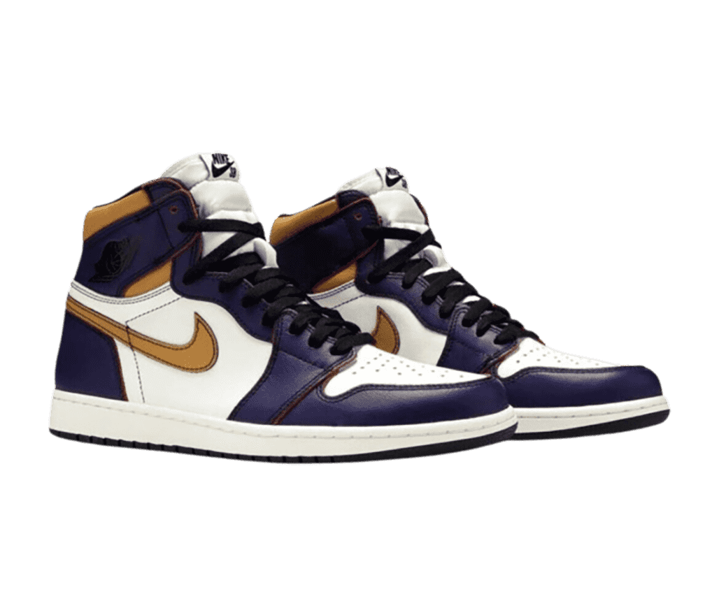 A pair of white AJ1 High sneakers with dark purple overlays, black laces and outsoles, and gold Swooshes and collars.