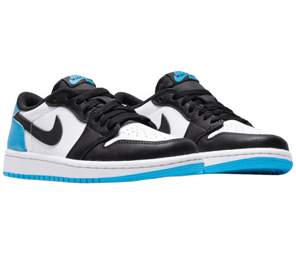 A black and white pair of AJ1 Low sneakers with light blue heels and outsoles.
